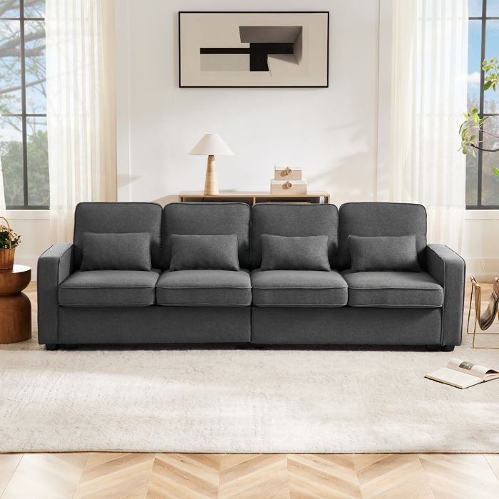 Canapé droit 4/5 Places en Lin ModernePoches aux Accoudoirs4 Oreillers Lombaire264 x 83 x 87cmGris foncé