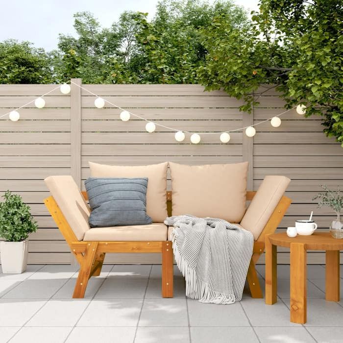 Banc de jardin 2 en 1 - vidaXL - Bois dacacia massif - 160-205x74x66 cm - Convertible en lit de jour - Coussins inclus