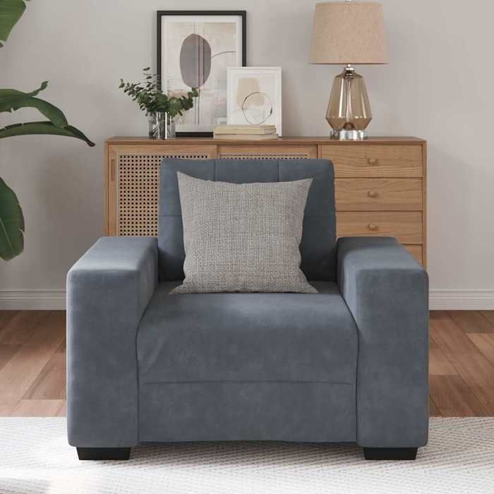 Fauteuil en velours - MANGO - Gris foncé - 60 cm - 100x78x80 cm - Velours polyester - Cadre contreplaqué et acier Fauteuil en velours - MANGO - Gris foncé - 60 cm - 100x78x80 cm - Velours polyester - Cadre contreplaqué et acier
