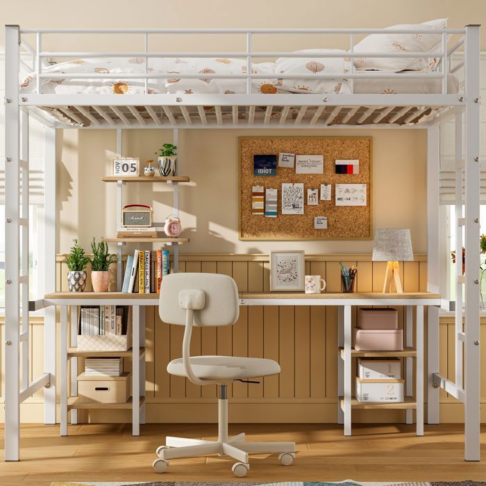 Lit à cadre en fer lit superposé avec table et étagères Convient aux enfants et aux adolescents lit denfant avec échelle latéral