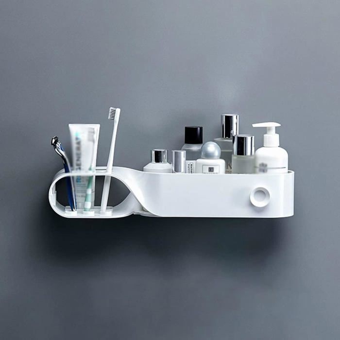 Étagère murale avec porte-serviette cosmétiques et brosse à dents rangement complet pour salle de bain.