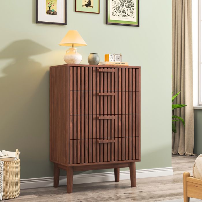 Commode à 4 Tiroirs Commode Scandinave avec Poignée en Bois et Pieds de Support Chiffonnier Meuble de Rangement Couleur Noyer