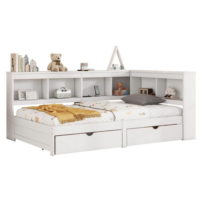 Canapé-lit Banquette 90x200cm Blanc - 2 Tiroirs Prise et 2 USB - Sommier Lattes Aggloméré sans Matelas Canapé-lit Banquette 90x200cm Blanc - 2 Tiroirs Prise et 2 USB - Sommier Lattes Aggloméré sans Matelas