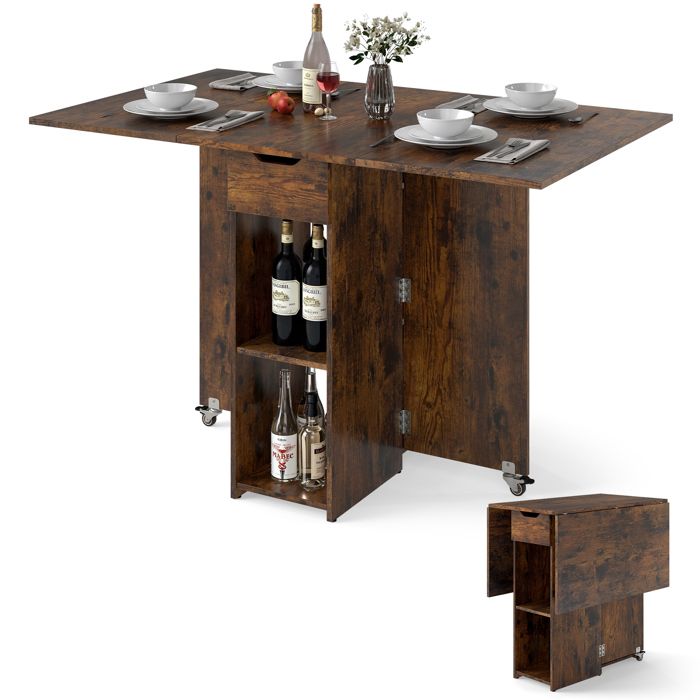 COSTWAY Table à Manger Pliante 120 x 72 x 75 cm avec 2 Roulettes Support de Rangement et Tiroir à 2 Niveaux Marron