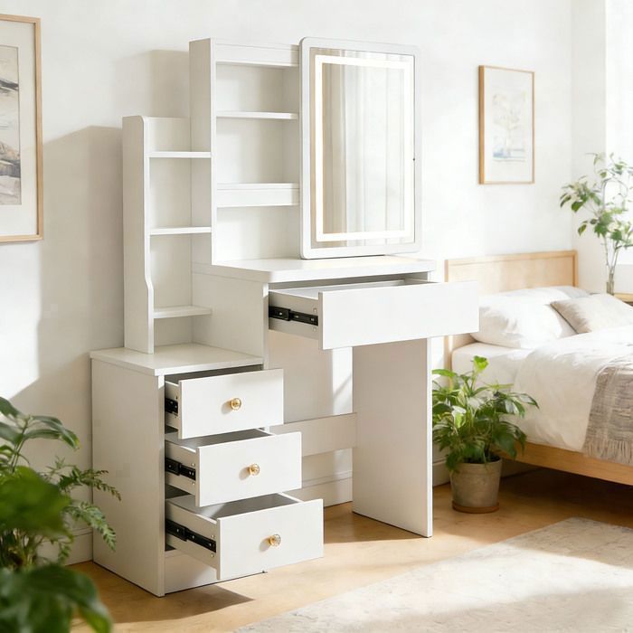 Coiffeuse Plateau Double Niveau Miroir LED Tactile Réglable 4 Tiroirs 33 x 80 5x 125 5 cm Blanche Sans Tabouret