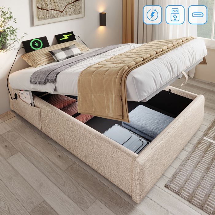 Lit coffre capitonné 90×190 cm. avec USB-C. sans tête de lit. lin. sans matelas. beige