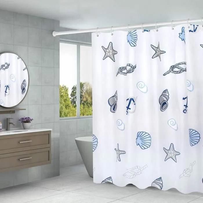 Rideau de Douche PEVA Imperméable et Anti-moisissure avec 12 Crochets Motif étoile de mer 180x180cm