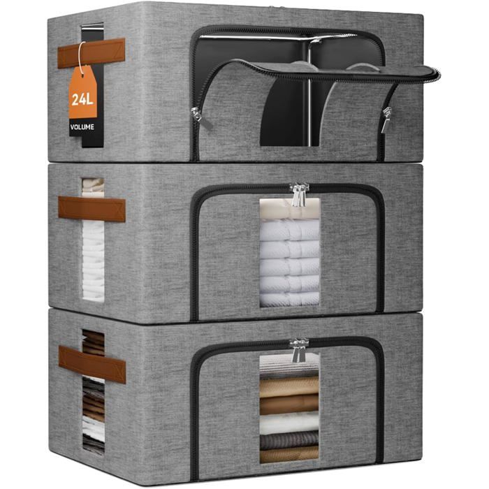 Boite Rangement Vetement Pliable: Sac de Empilables avec Cadres Métal pour le Organisateur des Vêtements des Draps (Gris 3x24L)