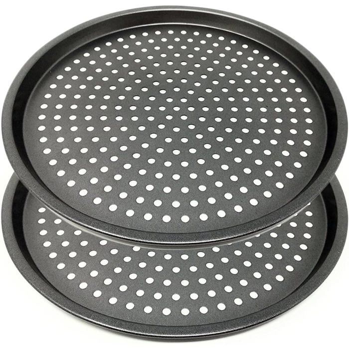 Moules à Pizza Ronds Perforés Antiadhésifs en Acier Carbone - Plaque à Pizza Anti - Plaque Pizza - Set 2 - Acier au Carbone - 29 cm