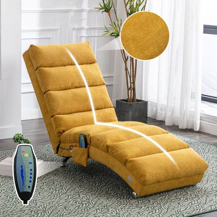 Fauteuil de relaxation canapé inclinable fixe soutien complet corps vibration douce poches latérales salon148x55x84cm Jaune Moutarde