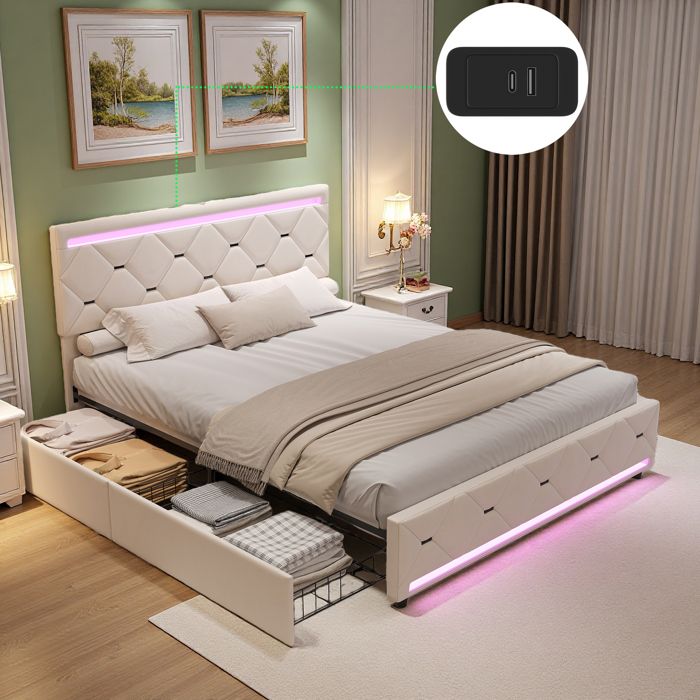 Lit capitonné 140x190 cm avec LED et USB lit double avec rangement cadre de lit avec sommier à lattes adulte/ado velours blanc