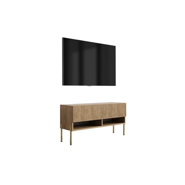 Meuble TV - Façade rainurée - Chêne Craft - Pieds droits dorés - 100×32×52 cm
