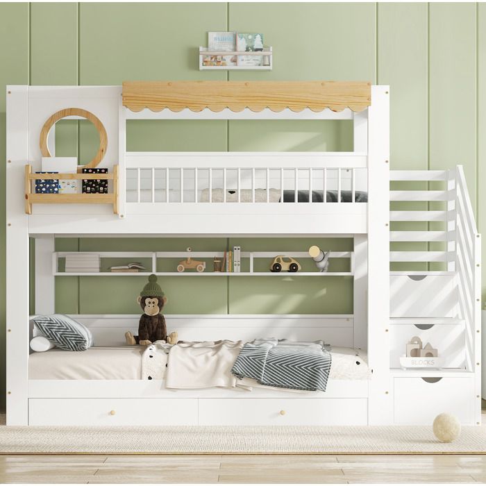 Lit superposé enfant en bois blanc et naturel avec rangements intégrés
