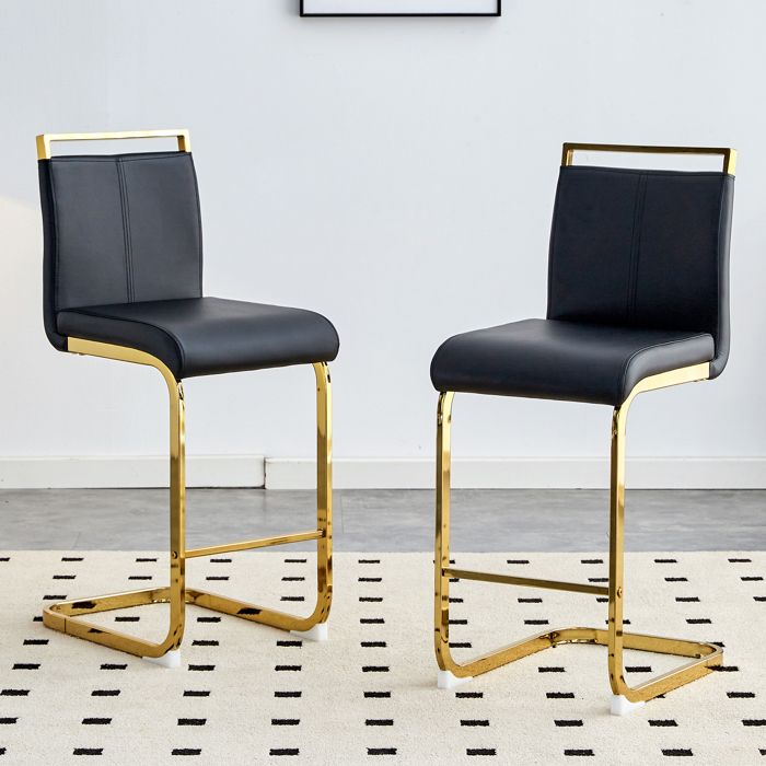 BELLEMAVE Lot de 2 Tabourets de bar - Chaise de cuisine - Cuir PU - Pieds en métal - Pour plusieurs occasions - Noir et Doré