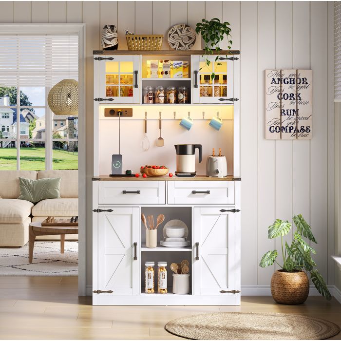 Buffet de cuisine avec LED et prises style porte de grange blanc et brun