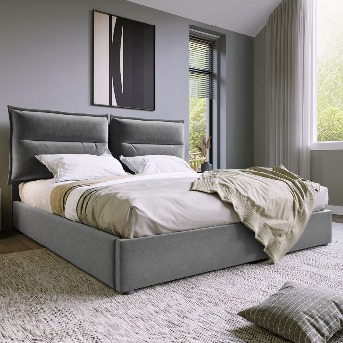 Lit double 140 x 200 cm en velours gris avec coffre et tête de lit réglable