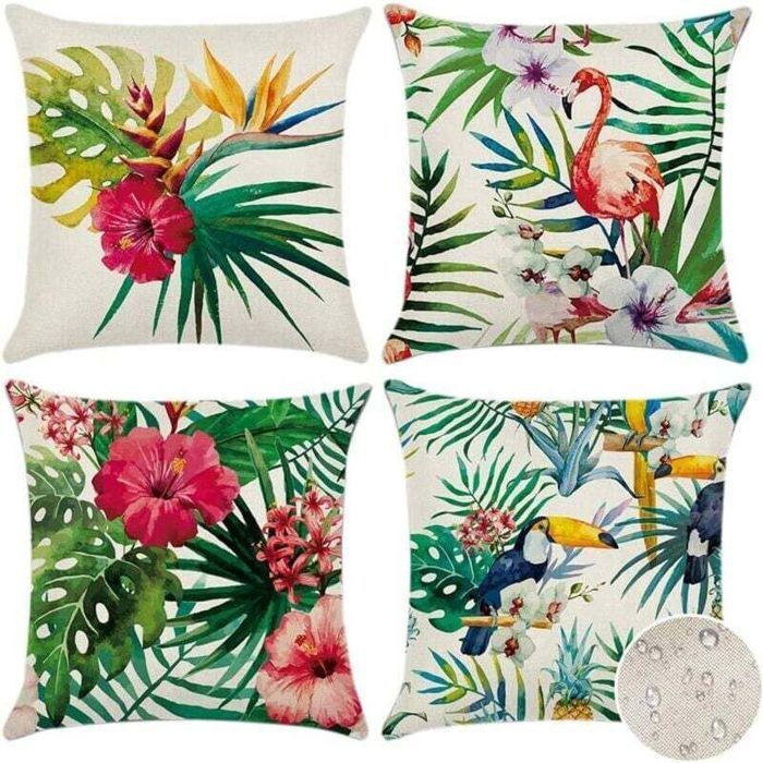 Housse de coussin extérieur - PZCC - Motif tropical plantes et oiseaux - Imperméable - 45 x 45 cm - Revêtement PU