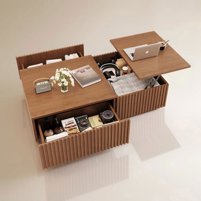 Table basse relevable 130x70x36 cm tiroirs lamelles grand rangement noyer – convertible en bureau/table à café pour salon/bureau
