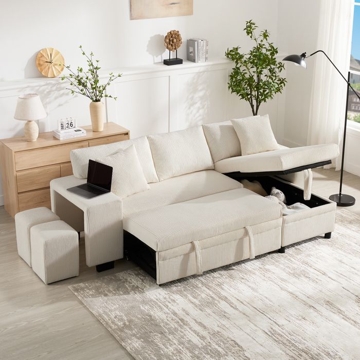 Canapé dangle convertible EVRYAE 231 x 131 5 x 84 cm rangement USB et Type-C tissu corduroy beige