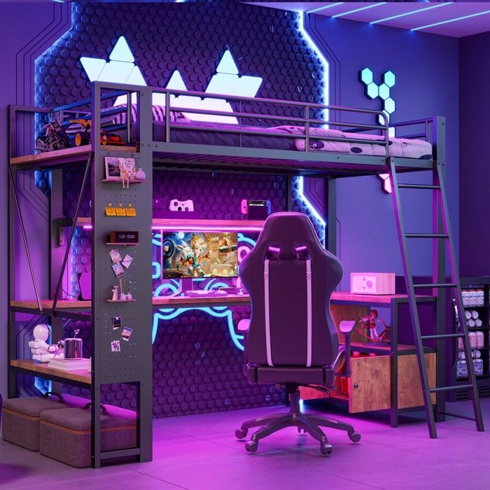 Lit cabane 90x200cm fer LED bureau rangements étagères panneau USB (sans matelas) noir