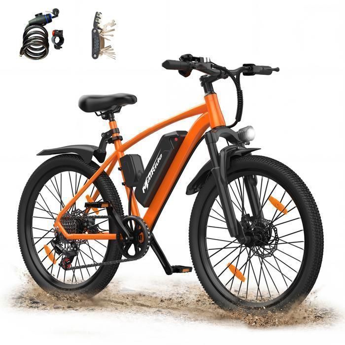 Vélo Électrique 26 Moteur 250W Batterie Amovible 36V10Ah Autonomie 25-40km 7 vitesses Écran LCD Freins à Disque ORANGE Q7