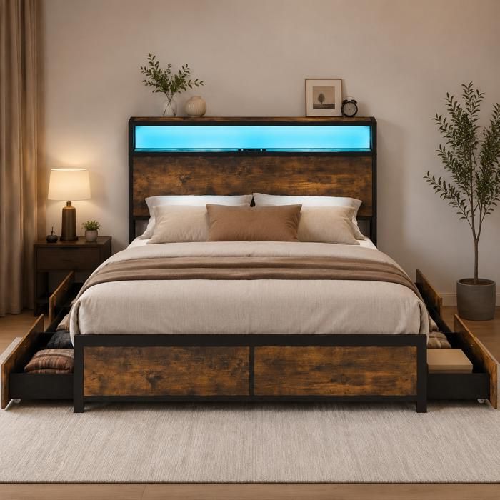 Lit plateforme LED - PAGE Living - double avec tiroirs silencieux brun rustique