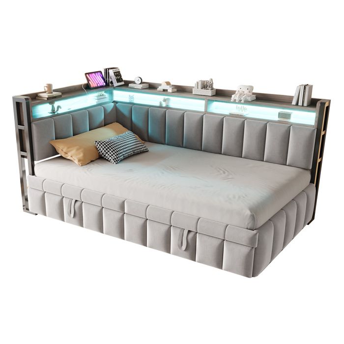 Lit banquette 90x200 cm avec lit gigogne éclairage LED étagères tête/pied USB + Type-C velours gris clair