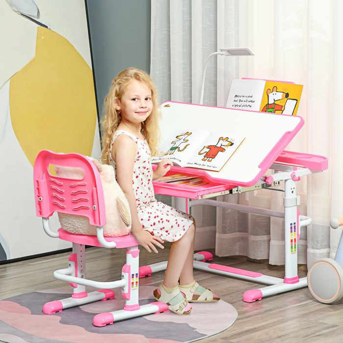 Bureau et chaise enfant dès 6 ans hauteur réglable plateau inclinable 80 x 495 x 82-104 cm et 355 x 435 x 63-73 cm rose