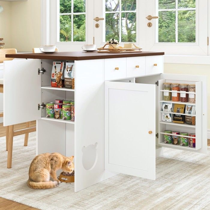 Ilot central de Cuisine avec rangement – plan de travail extensible 120 x 70 cm avec espace chat - 3 tiroirs et 3 portes – Blanc