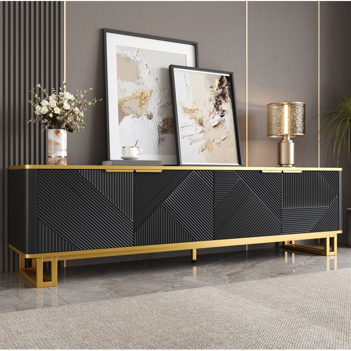 WOVREO meuble TV 160 cm 4 portes avec rangement ouvert passe-câbles MDF noir et or