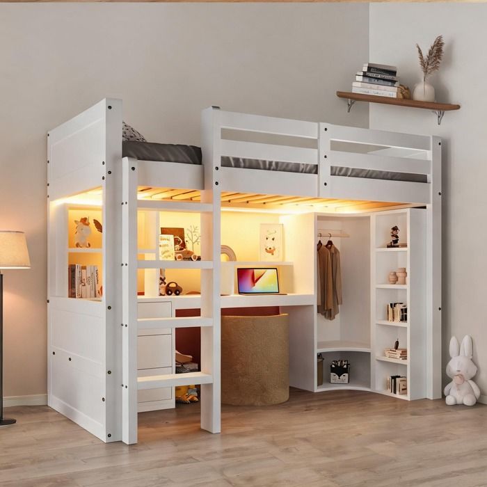 Lit mezzanine enfant 90x200 cm en pin blanc doux avec LED bureau armoire et tiroirs intégrés