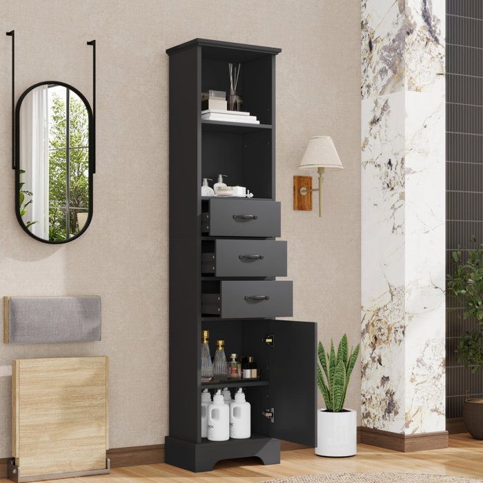 Meuble rangement salle de bain colonne 3 tiroirs 1 porte 2 niches étagère réglable MDF noir 38x26x1725 cm ORVRYN