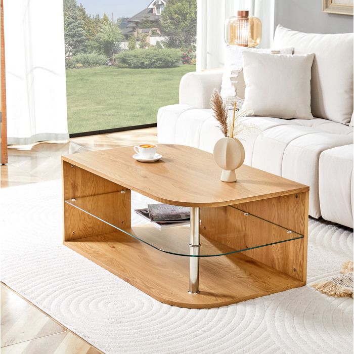 Table basse moderne en décor bois naturel avec étagère en verre 100 x 60 x 42 cm