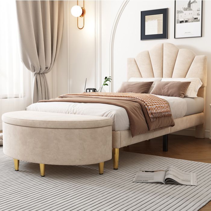 Lit simple 90×200 cm tête réglable banc coffre et sommier à lattes - YEAVIO - sans matelas velours beige