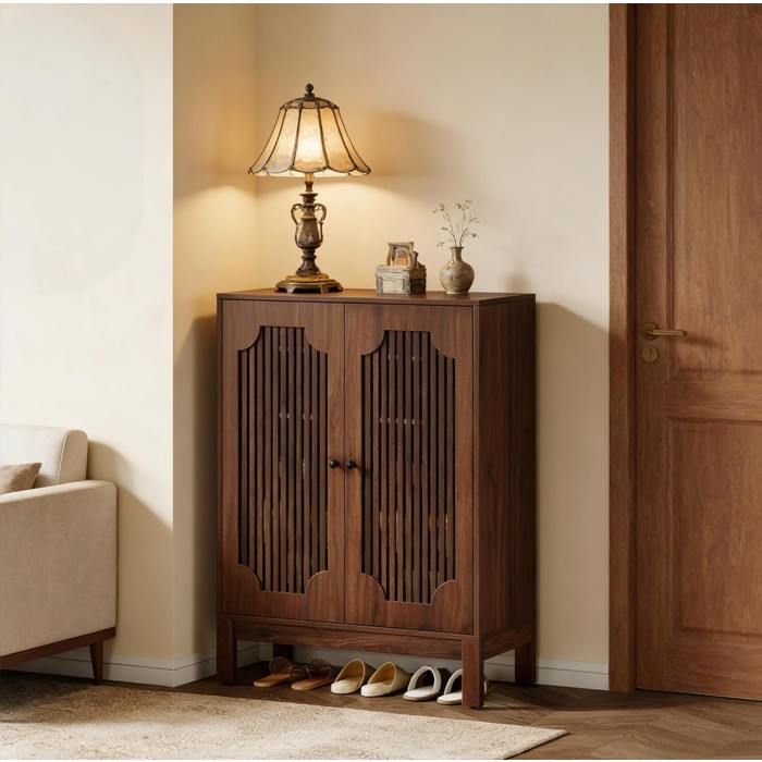 WOVREO Meuble a chaussures 2 portes 80 x 35 x 110 cm 4 etageres reglables MDF aspect noyer