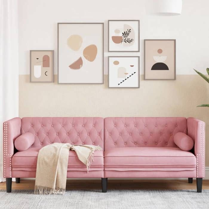 Canapé Chesterfield à 3 places - vidaXL - (1 pc) - charge (par siège) : 110 kg - Sofa intérieure - velours - rose - 194 x 745 x 70