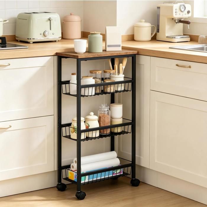 Desserte de Cuisine Étroite 4 Niveaux avec 3 Paniers et Roulettes - TCQPZ - Plateau MDF Métal Noir 40 × 20 × 87 cm