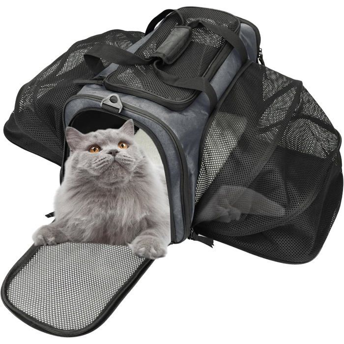Sac de transport chat et chien XL pliable - Bandoulière réglable mesh respirant matelas peluche amovible - Charge 7 kg gris