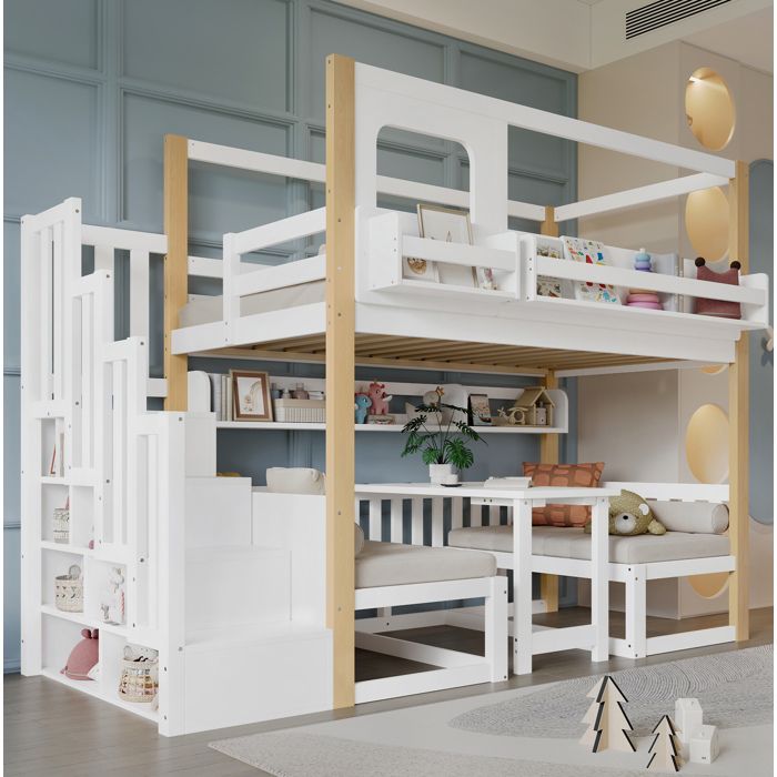 Lit superposé 2 places bureau rabattable escalier de rangement et petite bibliothèque 90 × 200 cm sans matelas