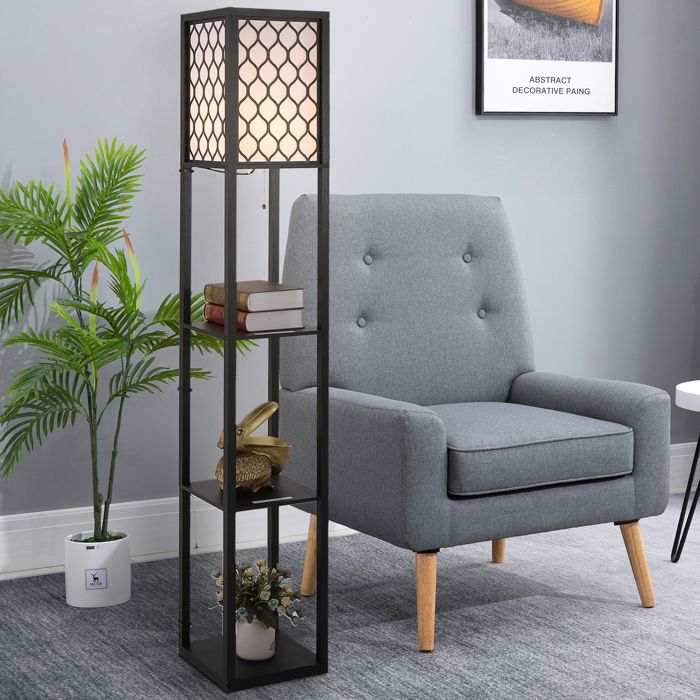 Lampadaire 2 en 1 gain de place avec 3 étagères lampe moderne salon et bureau douille E27 26 x 26 x 160 cm noir blanc