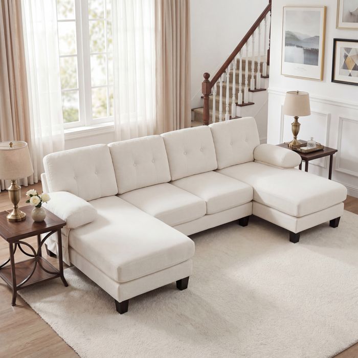 Canapé dangle en U - 4 places - Méridienne double - Tissu chenille - Dossier capitonné - Coussins en mousse 28D