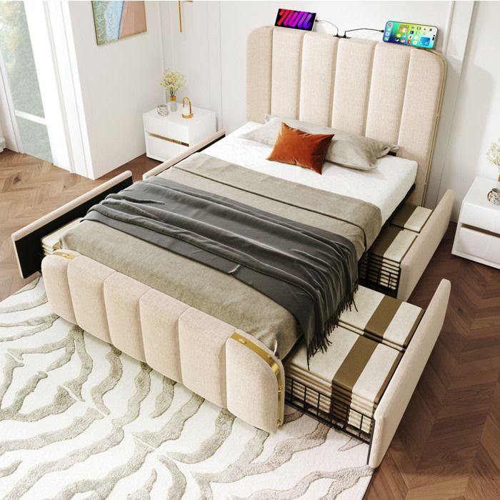 Lit rembourre 90x200 cm - Beige - tete de lit avec USB/Type-C - 4 tiroirs