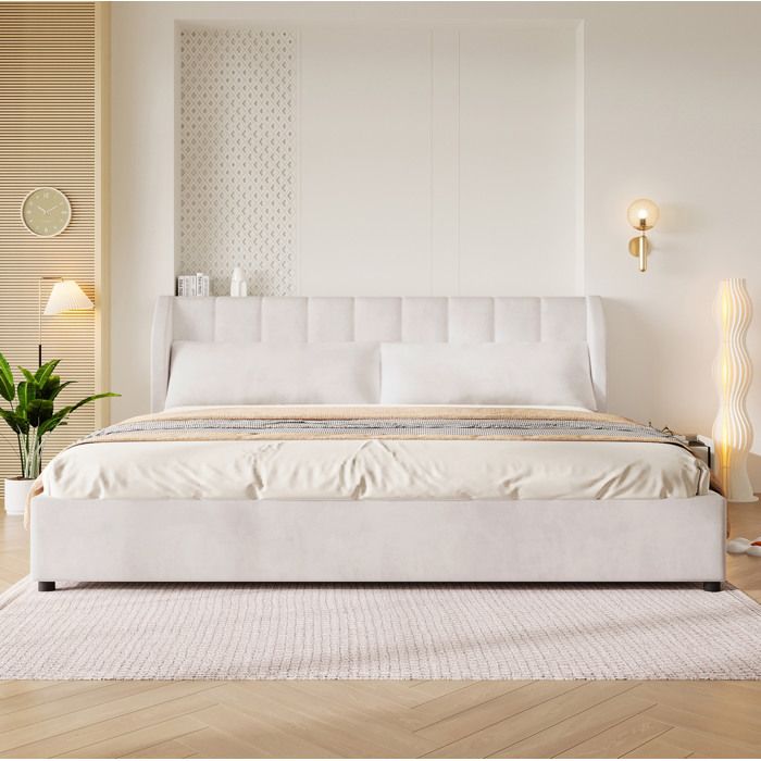 WUVRIE Lit plateforme rembourré 180 x 200 cm beige velours avec sommier à lattes et 2 coussins