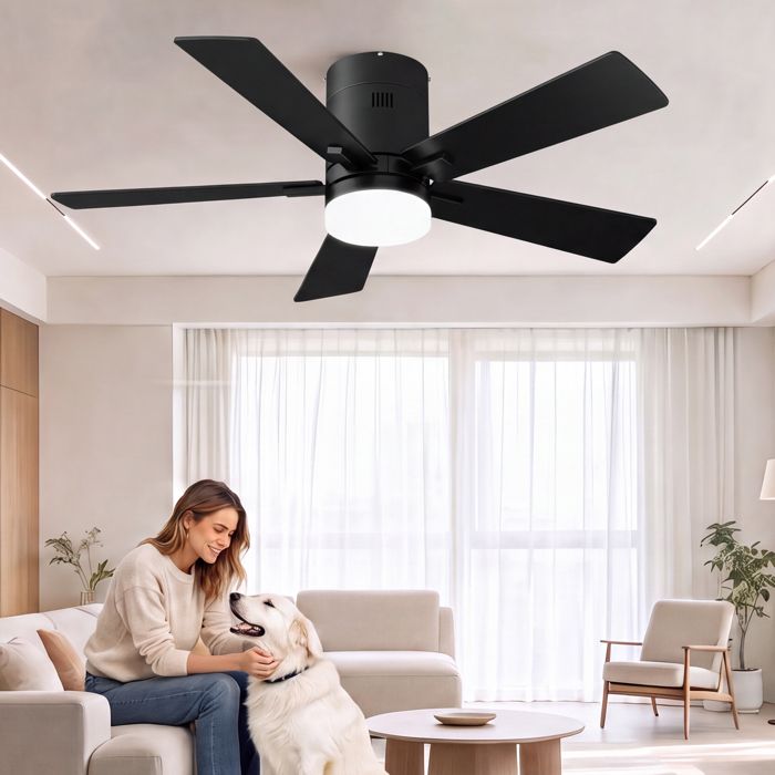 Ventilateur de Plafond avec Lumières Silencieux Ø107 cm - 5 Pales en Bois - 6 Vitesses - Télécommande - LED Réglable - Noir
