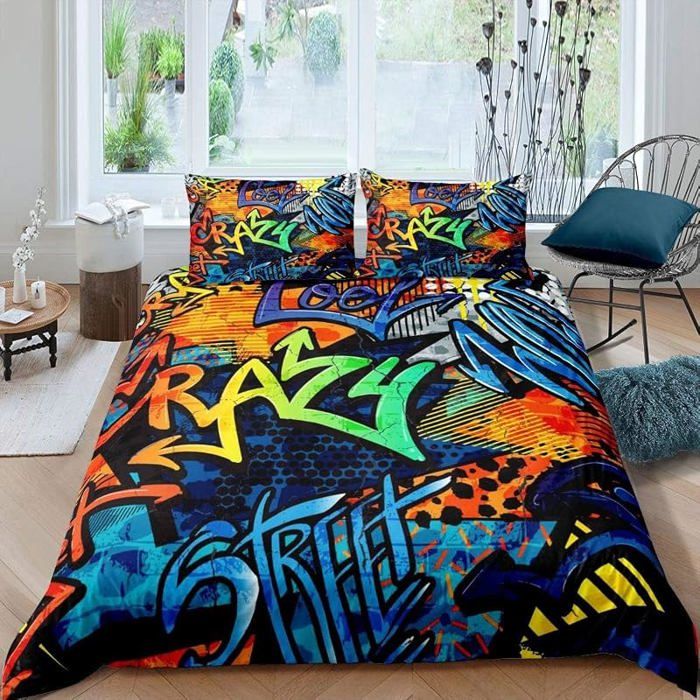 Housse de Couette 140x200 cm Ado Parure de Lit Graffiti Coloré Design Street Culture Hip Hop Literie Enfant PARURE DE COUETTE