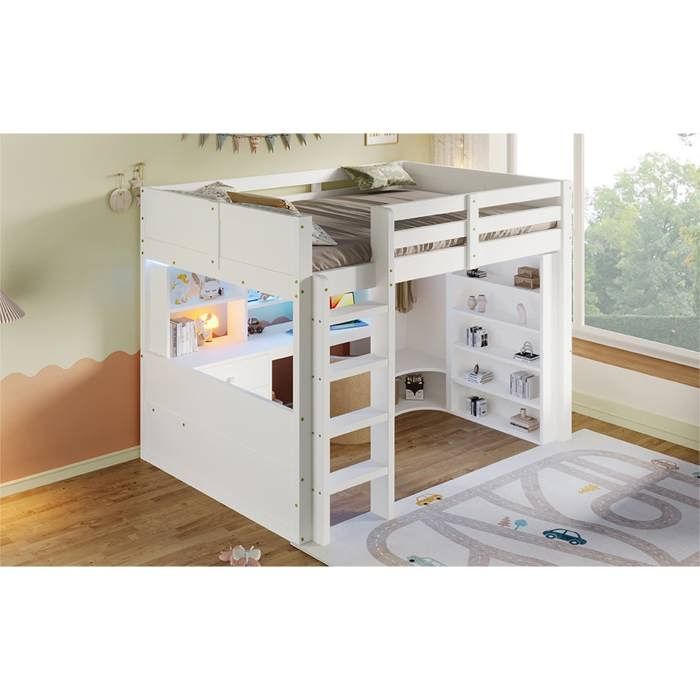 Lit mezzanine 140x200 cm blanc avec led placard bureau tiroirs et rangements sans matelas