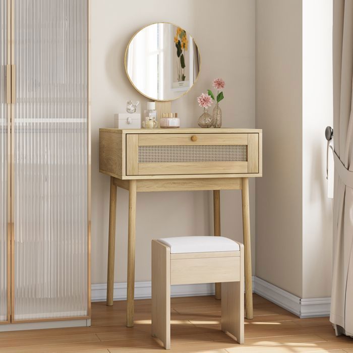 Coiffeuse avec miroir - ZEMINPEOEL - 60x50x128 cm effet chêne et rotin 1 tiroir format compact sans tabouret