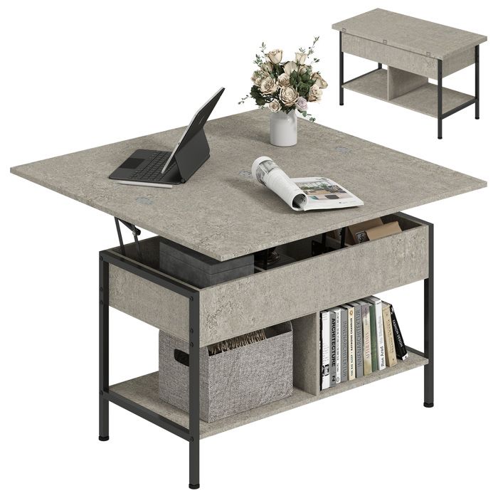 Table basse relevable - HOMCOM - plateau pliant compartiment et étagères - panneau de particule - 98x49x55cm - gris Table basse relevable - HOMCOM - plateau pliant compartiment et étagères - panneau de particule - 98x49x55cm - gris