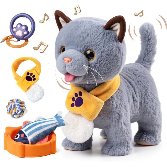KIDS Jouet interactif chat pour enfants avec 6 musiques peluche chatons avec télécommande sangle qui marche et aboie