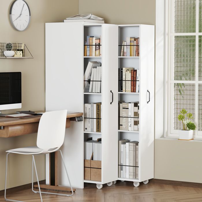 Bibliothèque extensible sur roulettes - ZEVKOR - 2 Modules - 8 étagères - MDF blanc - Réversible gauche/droite